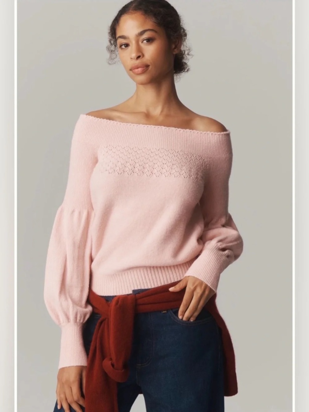 By Anthropologie Off-Shoulder Ruffle-Edge Sweater in Mauve Pink VERY SOFT & COZY